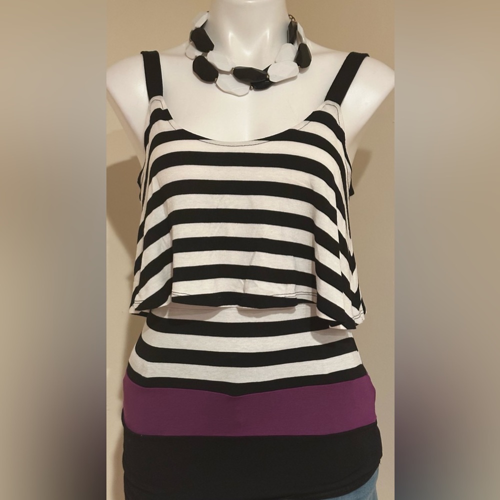 WHBM NWT Casual Striped Black White & Purple Summer Overlay Top Sz XS